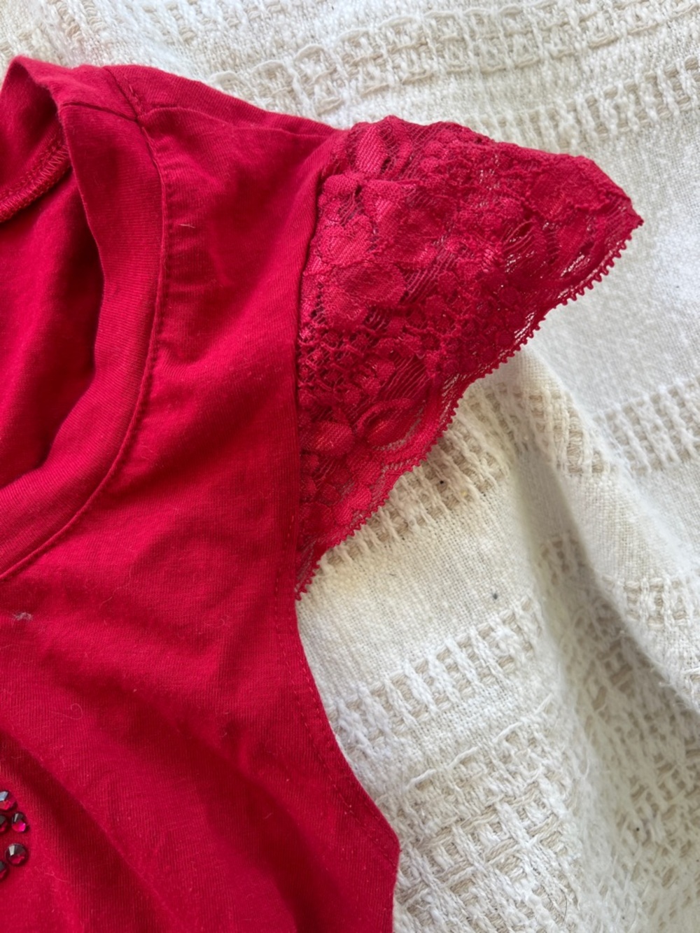 bebe Red Rhinestone Lace Sleeve Tee - Picture 4 of 6